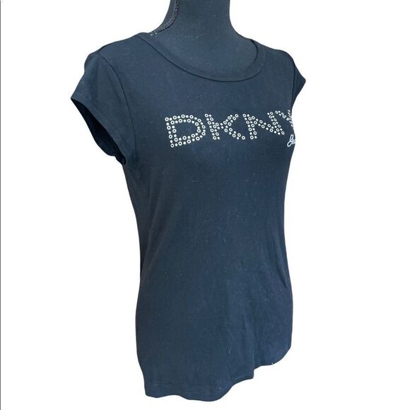 New with tags DKNY black cotton tee logo front done with crystal and grommets, S - Picture 5 of 7